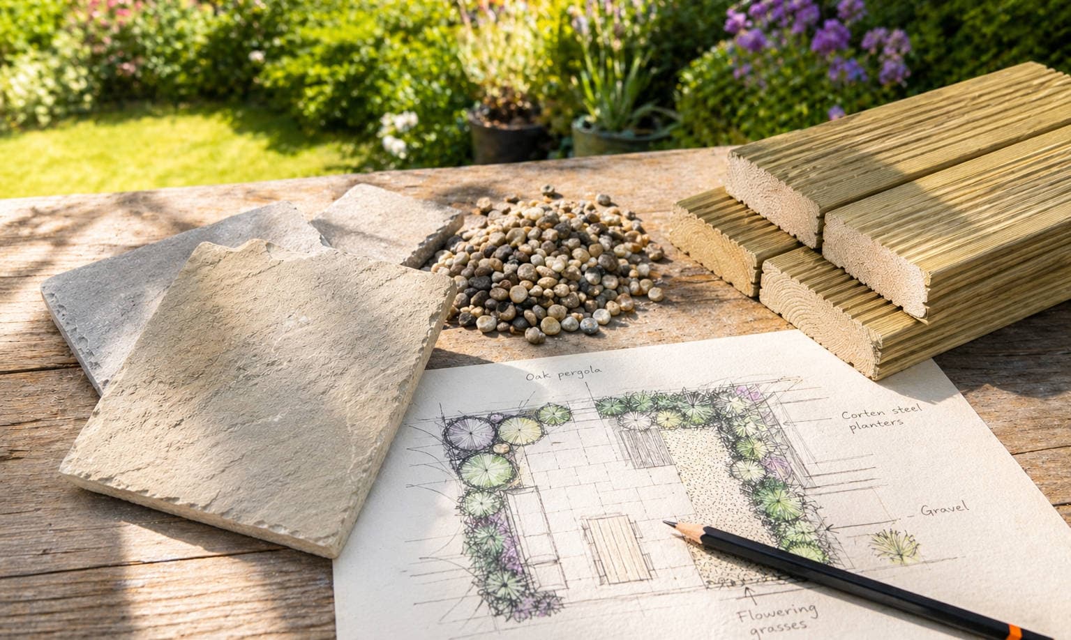 Samples of paving stone, gravel, and timber decking laid out on a workbench alongside a simple hand-drawn garden plan