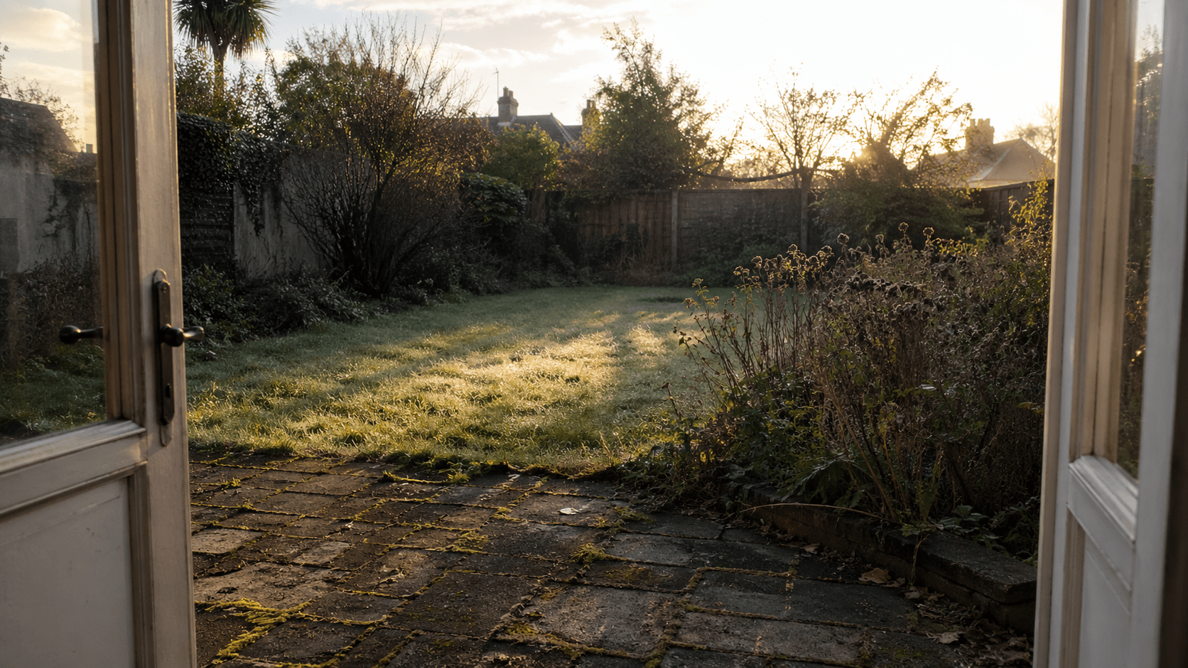 An overgrown Irish suburban garden viewed from the back door, early morning light, full of potential