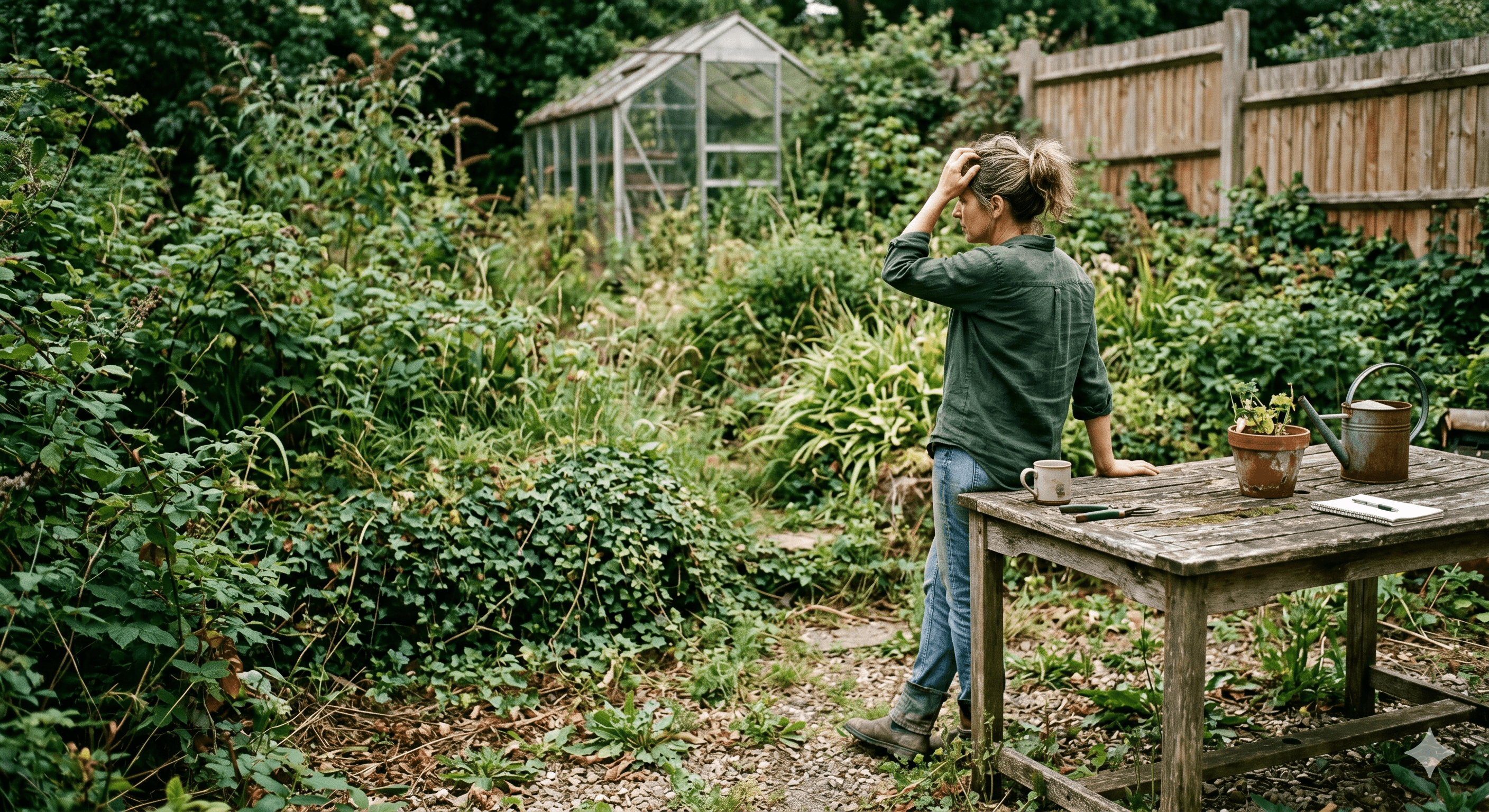 A hand-drawn garden sketch on cream parchment paper beside a ceramic coffee cup, with a soft-focus walled garden visible through a window in the background, shot in warm natural light
