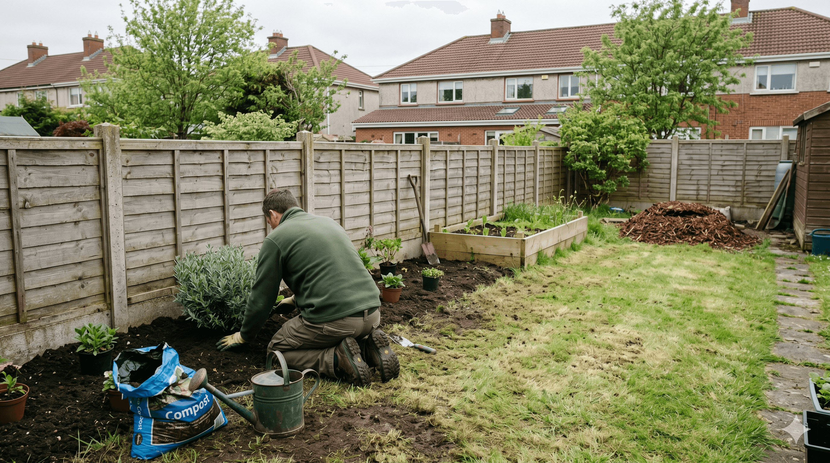 A weathered timber bench with a pair of gardening gloves, secateurs, and a half-finished mug of tea, beside a partly planted bed in soft late afternoon light