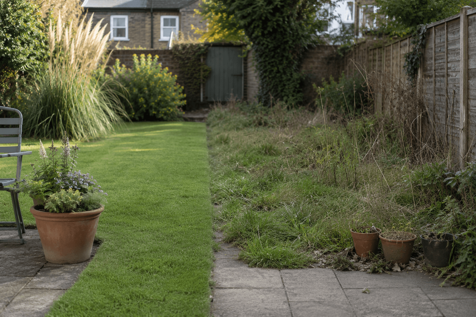 A modest suburban back garden on a bright Saturday morning, half of it tidy and freshly edged, the other half scrappy and overgrown, showing the before-and-after potential of a single weekend