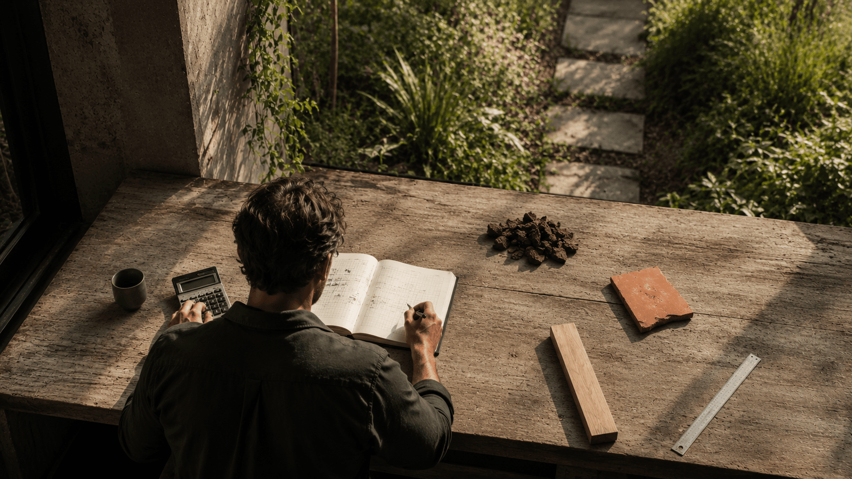 An overhead flat lay of a hand-drawn garden plan with pencil cost notes in the margins, material samples of stone, timber and terracotta, and a brass ruler, on a linen surface in warm side light