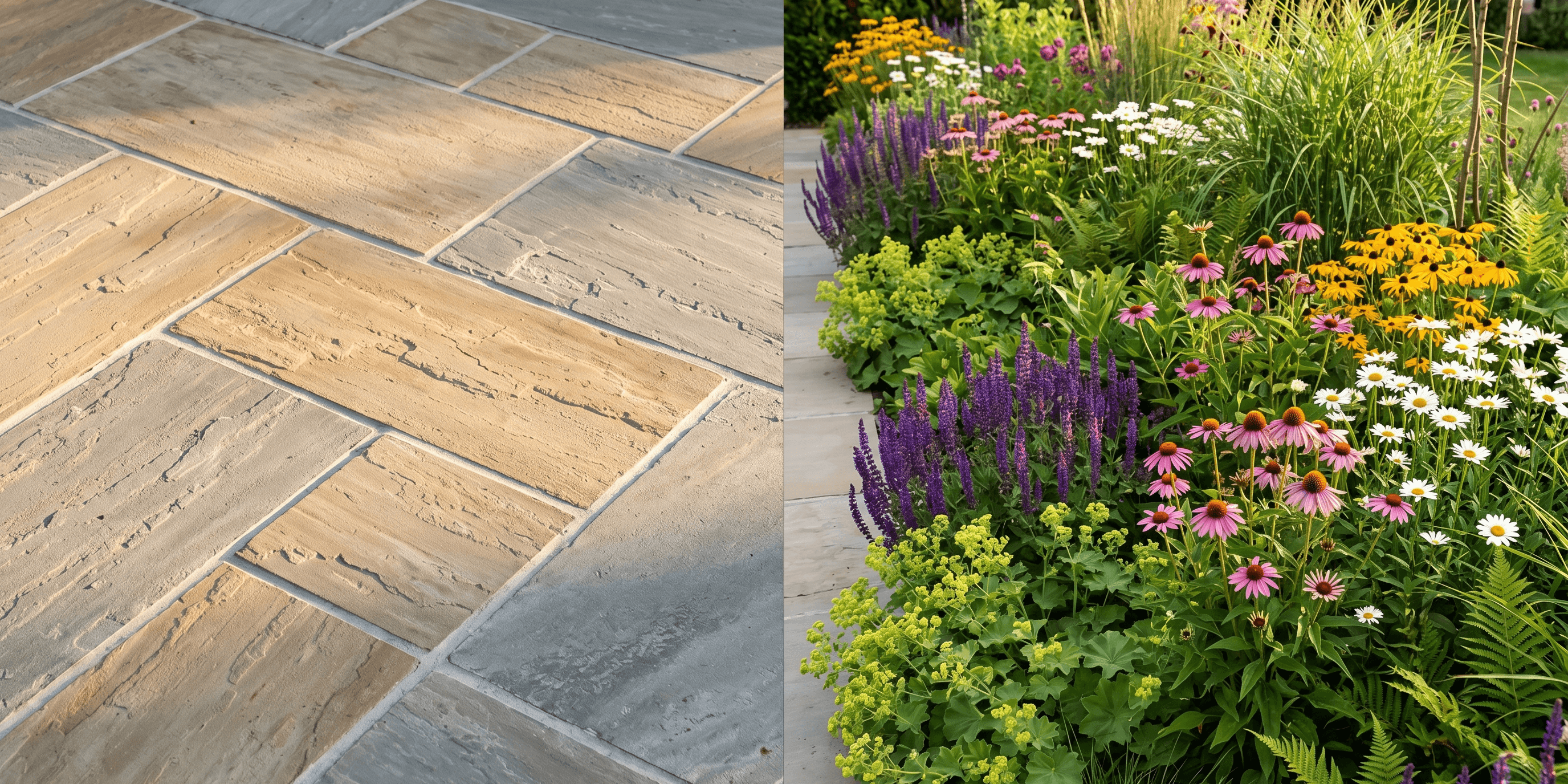 A split view of a garden showing a neatly pointed stone patio on one side and a lush planted border on the other, mid-afternoon light