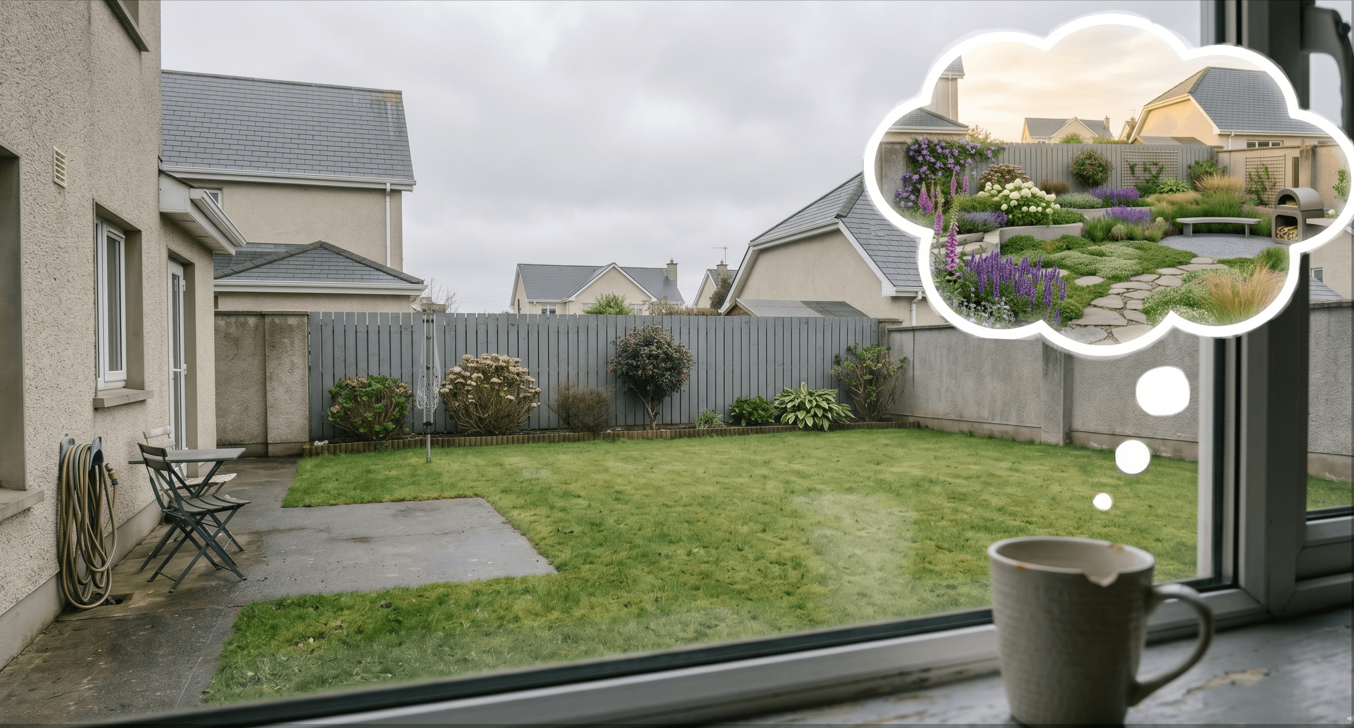 An Irish suburban garden on an overcast morning, a ceramic mug resting on a low wall in the foreground, a flat featureless lawn stretching into the middle distance