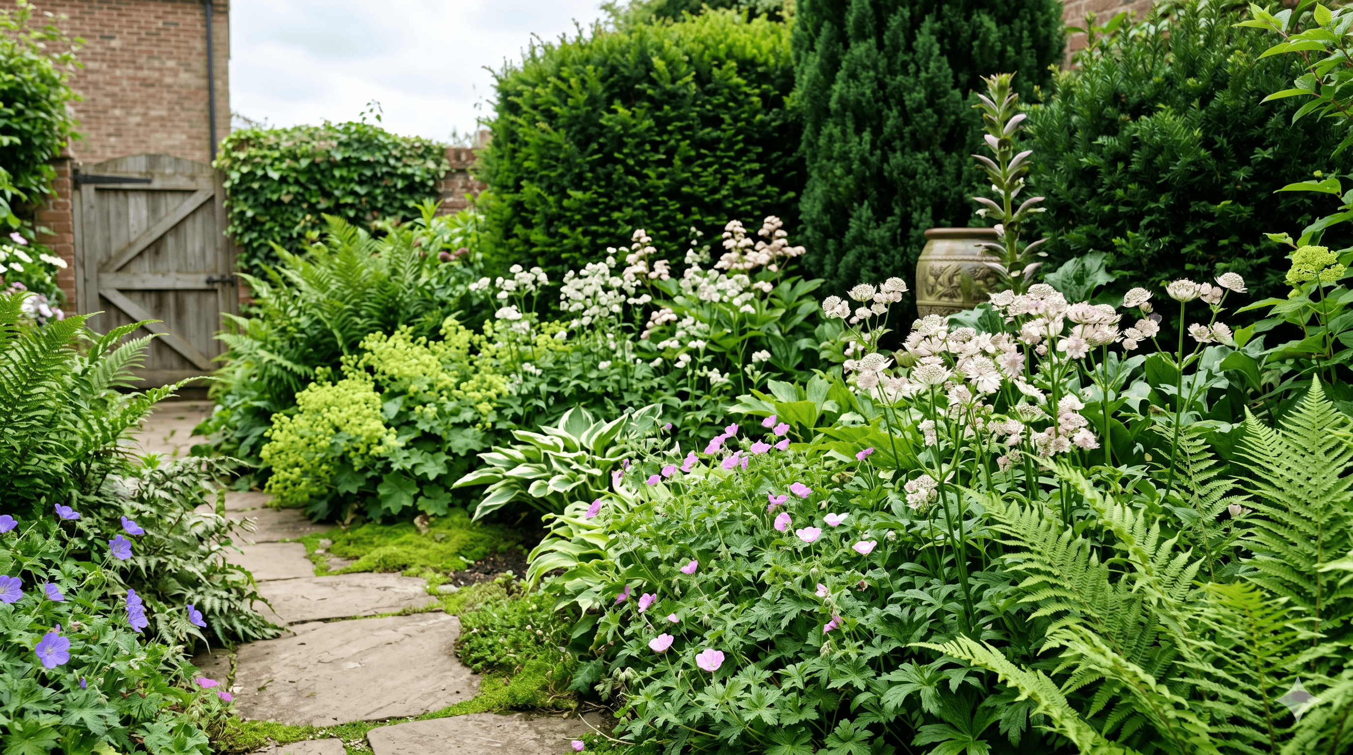 A lush mixed border in a small temperate garden featuring ferns, hardy geraniums, and structural evergreens in soft morning light