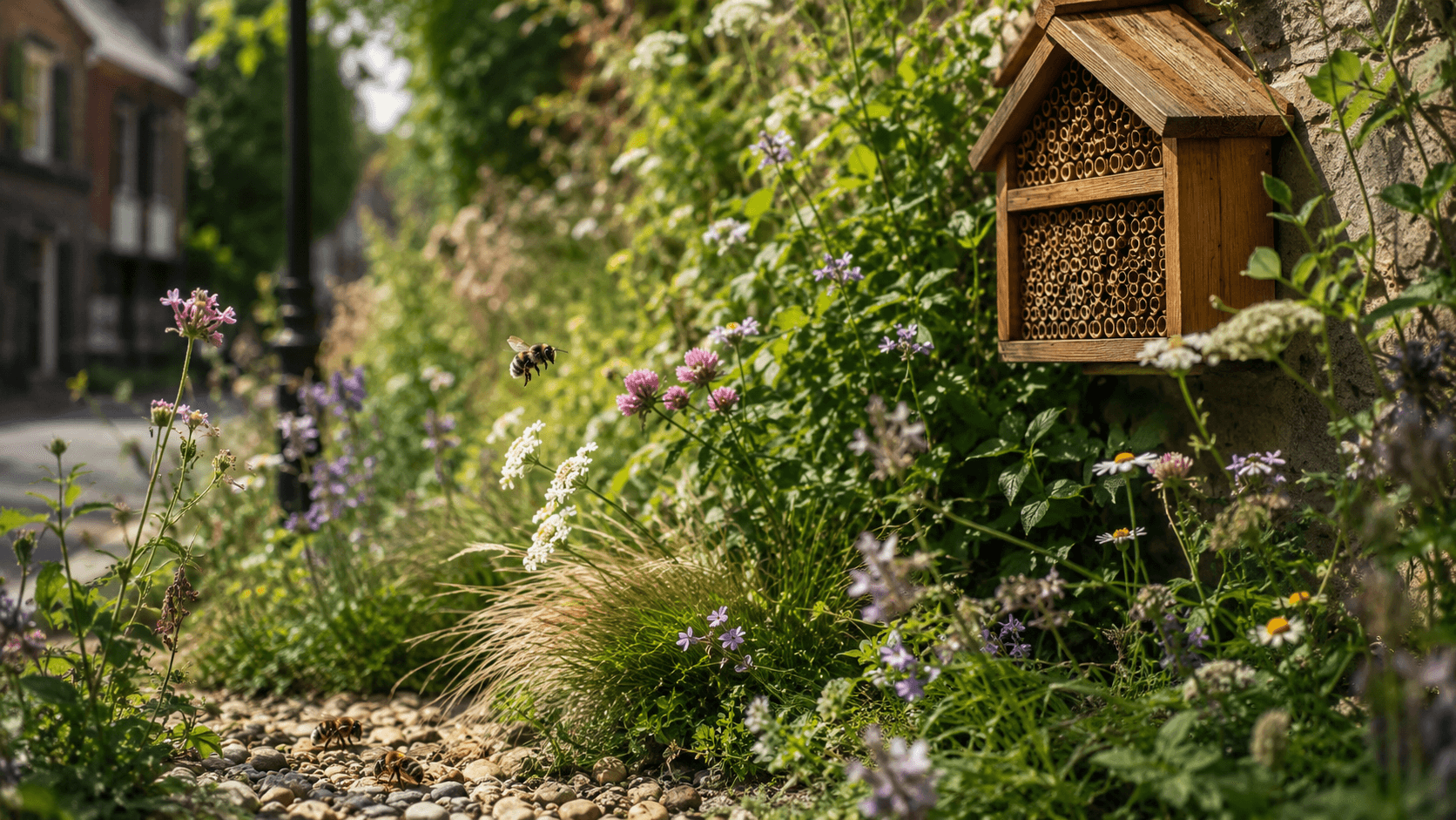 A small temperate garden in late spring, soft morning light, a mixed border of single-flowered perennials with a wooden bee hotel mounted on a sunny fence and a shallow stone water dish in the foreground