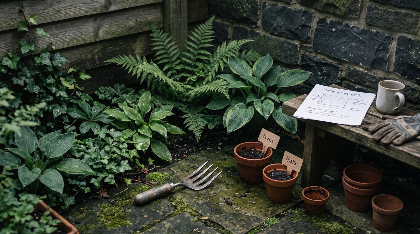 A shady north-facing garden corner with ferns, hostas and ivy against a dark brick wall, terracotta pots labelled Ferns and Hostas, a hand fork on mossy paving and a sketched light plan on a wooden bench