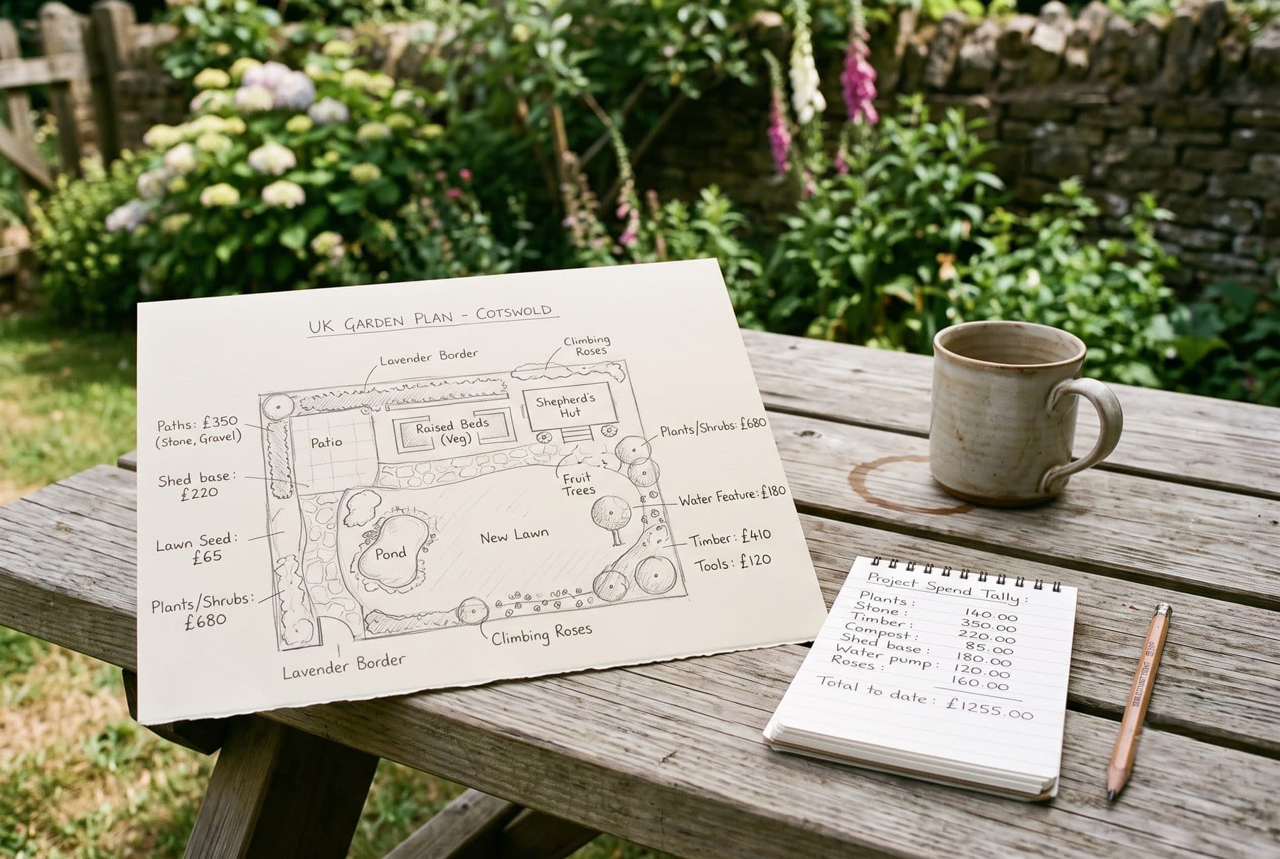 Overhead flat lay of a hand-drawn garden plan sketch with pencil cost annotations in the margins, a notepad showing a running cost tally, a coffee mug, and a brass ruler, in warm side light
