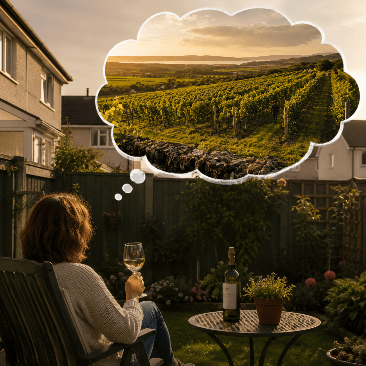 A sunlit Irish vineyard with rolling green hills, neat rows of vines, and a low stone wall in the foreground under a warm late-afternoon sky