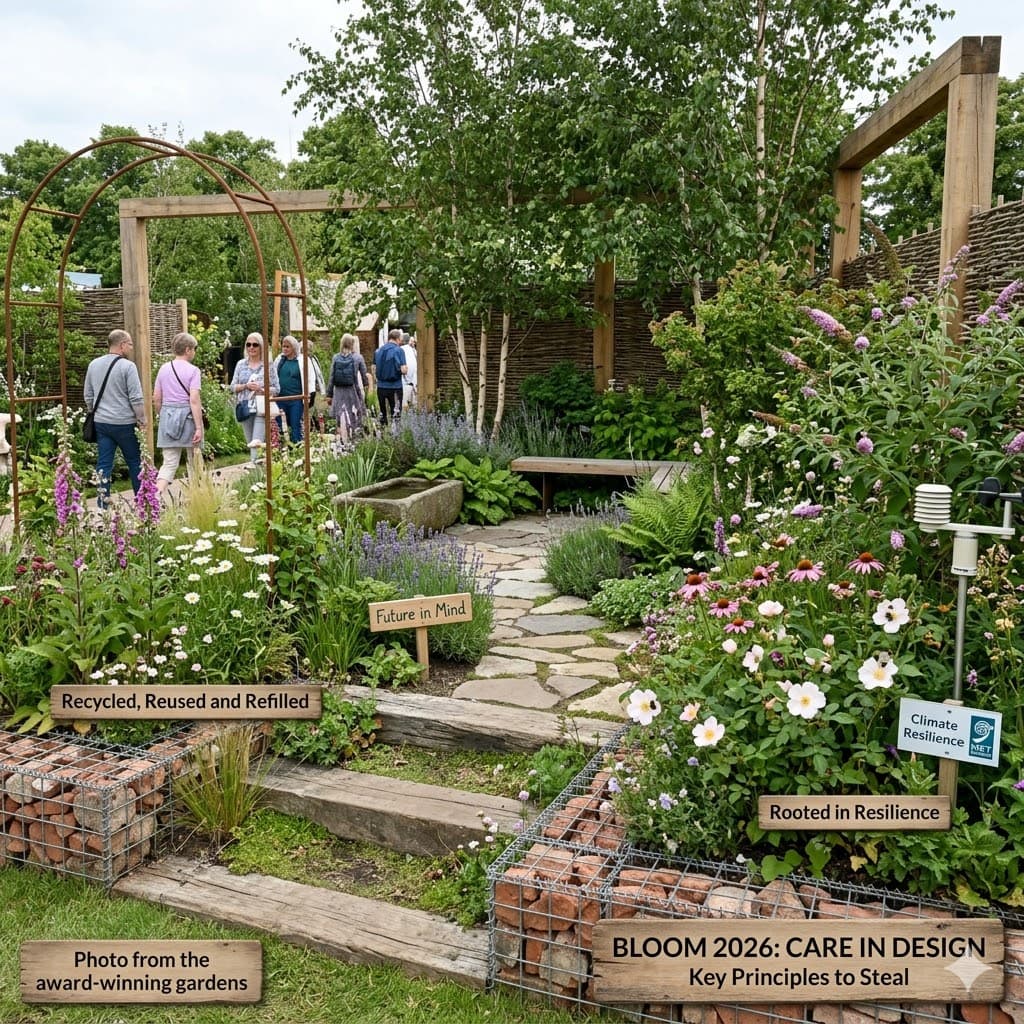 A small Irish suburban back garden in late spring, naturalistic planting in repeating groups with a sandstone path leading to a single weathered wooden bench under an ornamental tree, low stone wall along the boundary in soft afternoon light