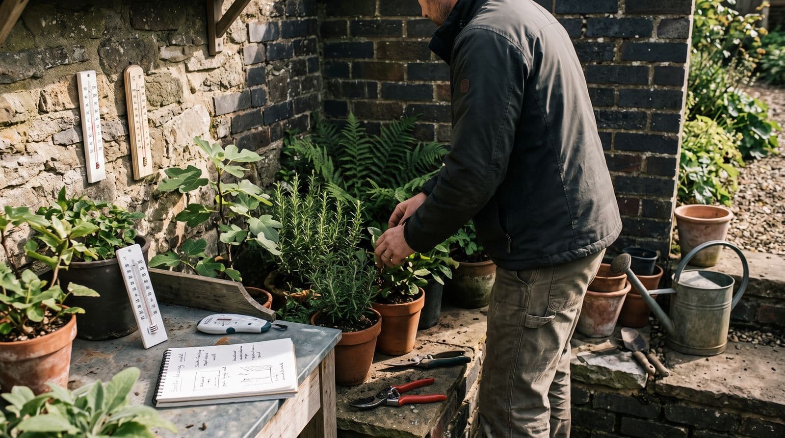 A gardener tending potted rosemary, a fig and ferns in a sun-warmed corner of a stone and brick wall, with thermometers on the wall and a notebook of microclimate sketches on a bench