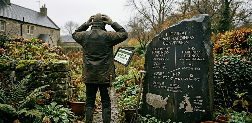 An overhead view of two open gardening reference books side by side, one showing a UK hardiness chart and the other a USDA zone map of the United States, with a notebook and pen between them in soft natural light